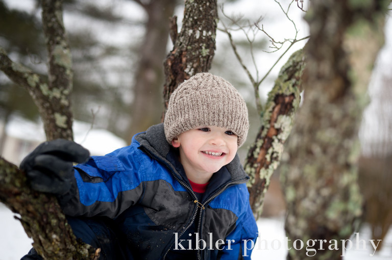 cute boy in a tree during snow photo