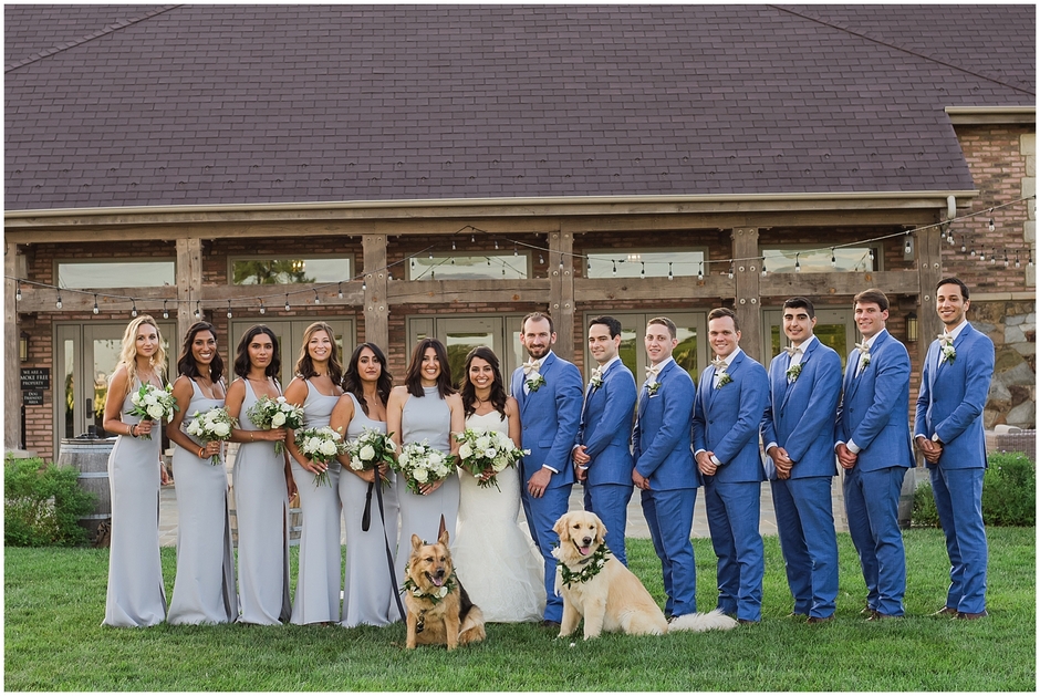 Early Mountain Vineyard Wedding party shot in front of venue