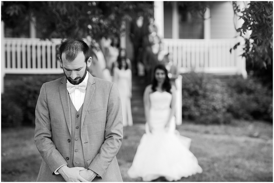 First look between bride and groom at Early Mountain Vineyards
