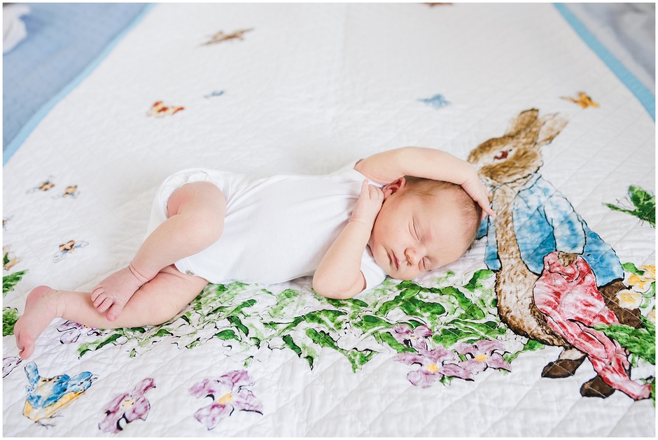 Baby sleeping on Peter Rabbit blanket photo by Charlottesville Baby Photographer